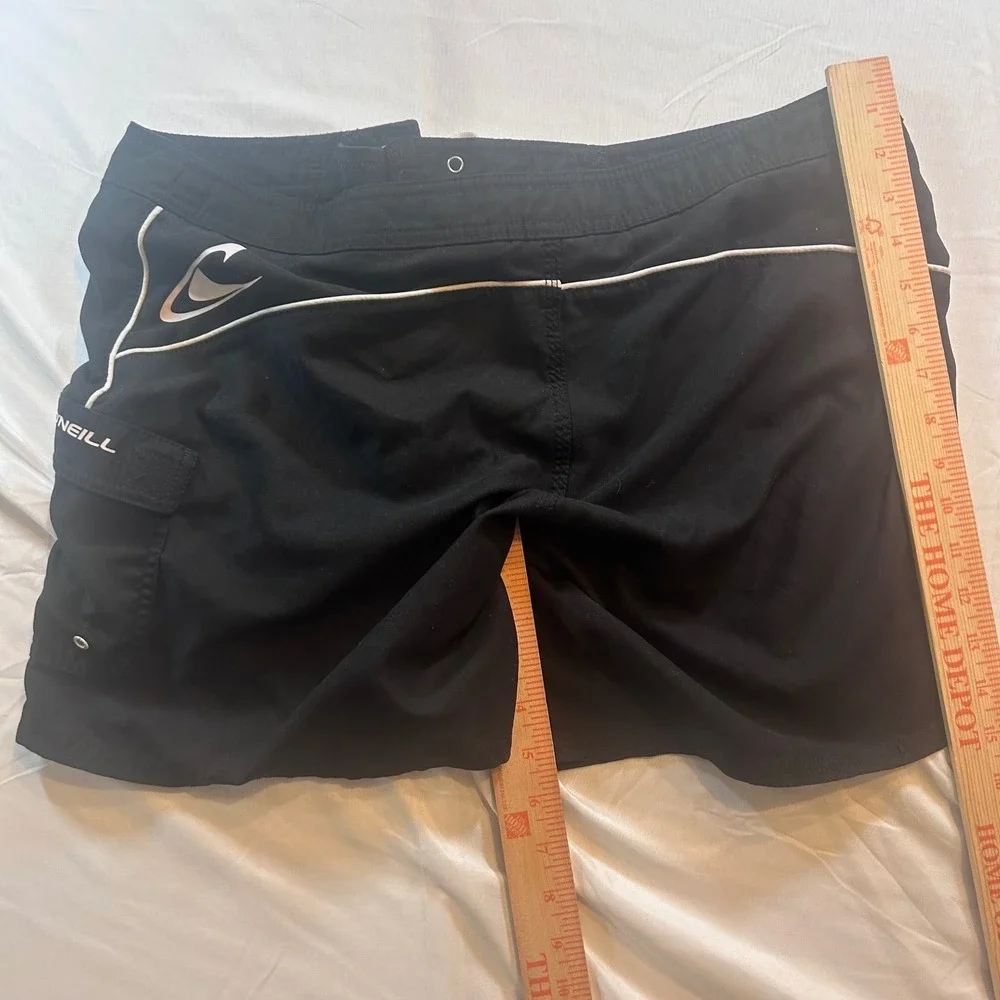 ONeill Mens Black Board Shorts Swim Trunks Size 11 Cargo Pocket White Piping